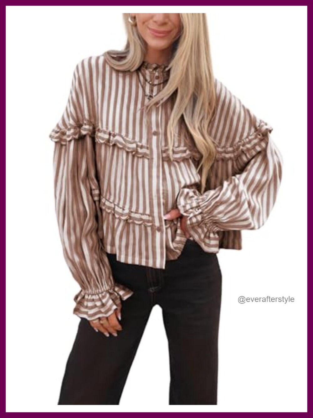 Striped Button Down Blouse with Ruffled Collar and Puff Sleeves